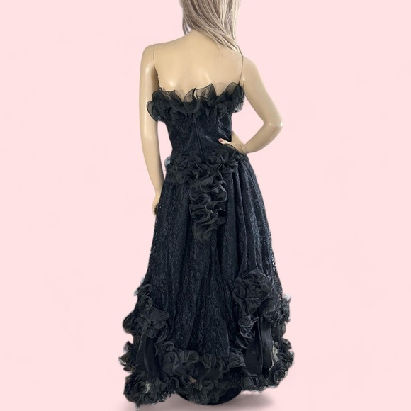 1980s Gothic Black Lace Gown | Whimsigoth Tulle Bustle | Black Wedding‎ Dress S - Picture 9 of 9